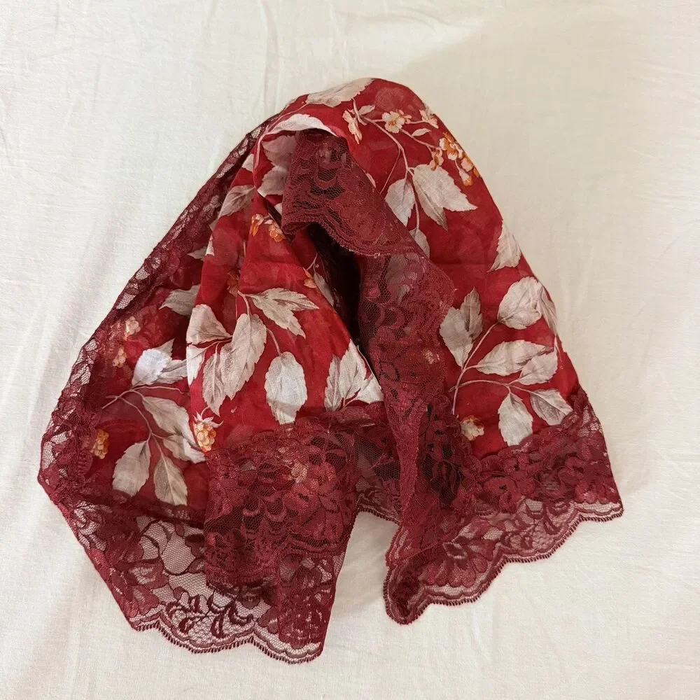 Pierre Balmain Paris Scarf Red Floral Lace Trim Cotton Nylon Vintage Japan Luxe